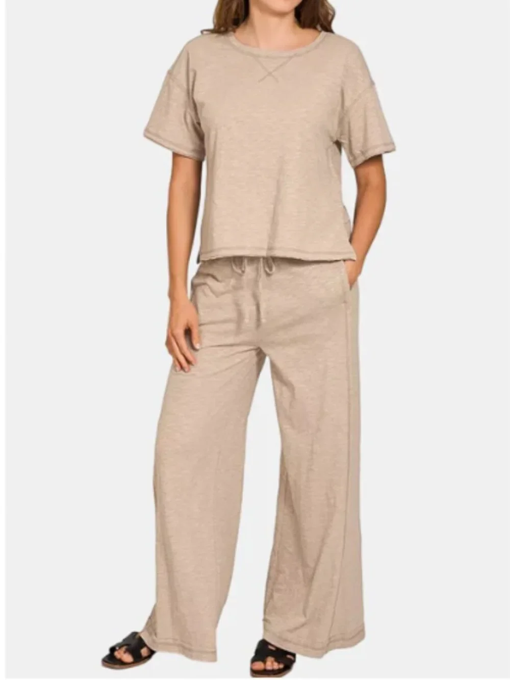 NEW Zenana 100% Cotton Relaxed Slub Short-Sleeved Top Pants Set Beige CSTP-3478 - Picture 1 of 16